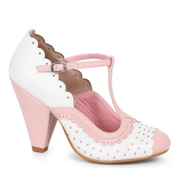 New! Bettie Page Pink & Cream Vegan Leather T-Strap Heel Shoes Women\'s Size 8